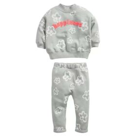Baby Girl Floral & Letters Pattern Long Sleeved Hoodie Combo Trousers Sets (Color: Grey, Size/Age: 110 (3-5Y))
