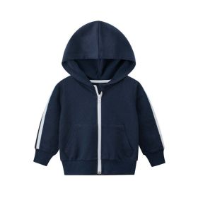Baby Side Striped Pattern Zipper Front Design Sport Style Coat With Hat (Color: Navy Blue (Dark Blue), Size/Age: 110 (3-5Y))