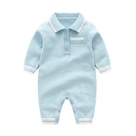 Baby Solid Color Quarter Button Design Lapel Knitted College Style Rompers (Color: Blue, Size/Age: 80 (9-12M))