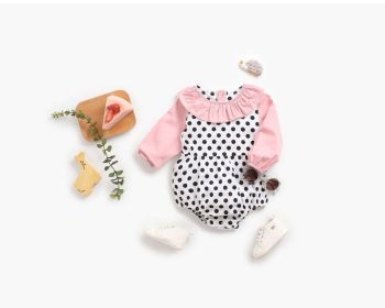 Baby Girl Polka Dot Pattern Ruffle Collar Design Long Sleeves Bodysuit Onesies (Color: Pink, Size/Age: 100 (2-3Y))
