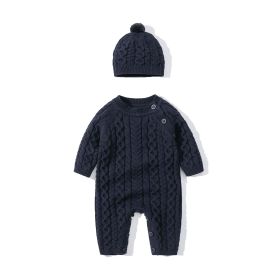 Baby Solid Color Crochet Knitted Pattern Shoulder Button Design Rompers (Color: Navy Blue (Dark Blue), Size/Age: 80 (9-12M))