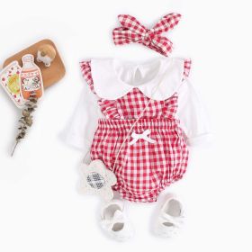 Baby Girl Doll Neck Solid Shirt & Red Plaid Graphic Bow Patched Bodysuit 1 Pieces Sets (Color: Red, Size/Age: 80 (9-12M))