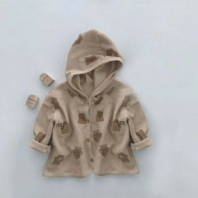 Baby Waffle Fabric Cartoon Bear Print Single Breasted Design Cardigan With Hat (Color: Coffee, Size/Age: 73 (6-9M))