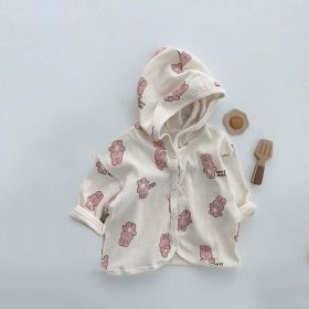 Baby Waffle Fabric Cartoon Bear Print Single Breasted Design Cardigan With Hat (Color: Beige, Size/Age: 80 (9-12M))