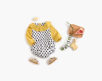 Baby Girl Polka Dot Pattern Ruffle Collar Design Long Sleeves Bodysuit Onesies (Color: Yellow, Size/Age: 73 (6-9M))