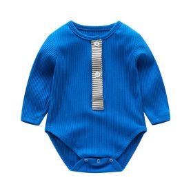 Baby Girl Striped Quarter Button Design Solid Color Long Sleeves Triangle Bodysuit (Color: Blue, Size/Age: 80 (9-12M))
