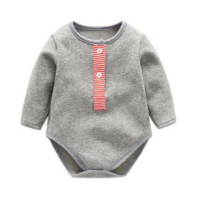 Baby Girl Striped Quarter Button Design Solid Color Long Sleeves Triangle Bodysuit (Color: Grey, Size/Age: 80 (9-12M))