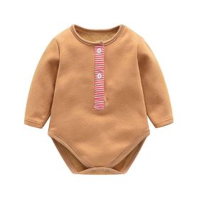 Baby Girl Striped Quarter Button Design Solid Color Long Sleeves Triangle Bodysuit (Color: Brown, Size/Age: 73 (6-9M))