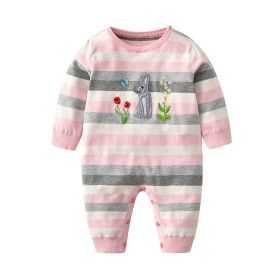 Baby Girl Pink Striped Pattern Embroidered Design Knitted Jumpsuit (Color: Pink, Size/Age: 90 (12-24M))
