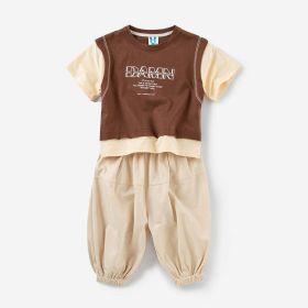 Letter Print Patchwork Design T-Shirt Combo Pants 2-Pieces Sets (Color: Brown, Size/Age: 120 (5-7Y))