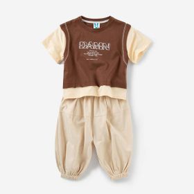 Letter Print Patchwork Design T-Shirt Combo Pants 2-Pieces Sets (Color: Brown, Size/Age: 150 (10-12Y))