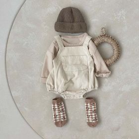 Baby Solid Color & Plaid Pattern Corduroy Fabric Strap Bodysuit (Color: Apricot, Size/Age: 90 (12-24M))