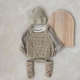 Baby Solid Color & Plaid Pattern Corduroy Fabric Strap Bodysuit (Color: Brown, Size/Age: 80 (9-12M))