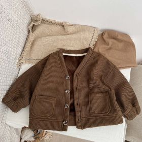 Baby Boy And Girl Solid Color Single Breasted Design V-Neck Thermal Autumn Jacket (Color: Brown, Size/Age: 120 (5-7Y))