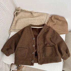 Baby Boy And Girl Solid Color Single Breasted Design V-Neck Thermal Autumn Jacket (Color: Brown, Size/Age: 80 (9-12M))