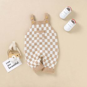 Baby Checkerboard Pattern Strap Design Knit Spring Autumn Rompers (Color: Pink, Size/Age: 73 (6-9M))
