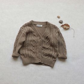 Baby Crochet Kint Pattern Solid Color V-Neck Single Breasted Cardigan (Color: Coffee, Size/Age: 80 (9-12M))
