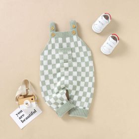 Baby Checkerboard Pattern Strap Design Knit Spring Autumn Rompers (Color: Green, Size/Age: 59 (0-3M))