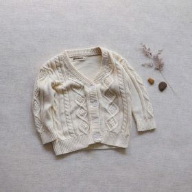 Baby Crochet Kint Pattern Solid Color V-Neck Single Breasted Cardigan (Color: Beige, Size/Age: 80 (9-12M))