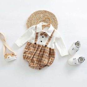 Baby Plaid Pattern False 1 Pieces Design Bow Tie Decoration Bodysuit (Color: Brown, Size/Age: 80 (9-12M))