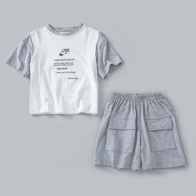 Letters Print Patchwork Design T-Shirt Combo Shorts 2-Pieces Sets (Color: Grey, Size/Age: 110 (3-5Y))