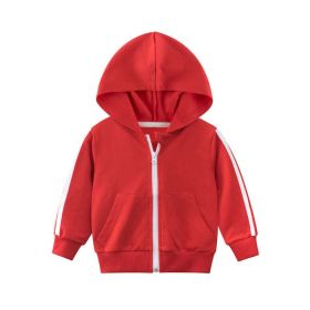 Baby Side Striped Pattern Zipper Front Design Sport Style Coat With Hat (Color: Red, Size/Age: 110 (3-5Y))
