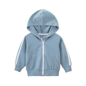 Baby Side Striped Pattern Zipper Front Design Sport Style Coat With Hat (Color: Light Blue, Size/Age: 130 (7-8Y))