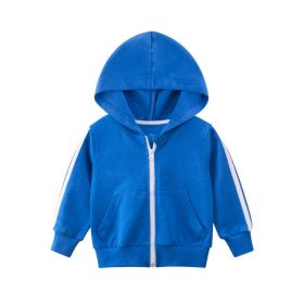 Baby Side Striped Pattern Zipper Front Design Sport Style Coat With Hat (Color: Blue, Size/Age: 120 (5-7Y))