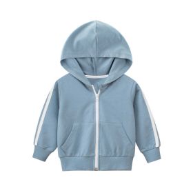 Baby Side Striped Pattern Zipper Front Design Sport Style Coat With Hat (Color: Light Blue, Size/Age: 120 (5-7Y))