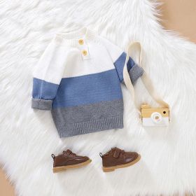 Baby Boy Color block Pattern Quarter Button Design Pullover Crewneck Knitwear Sweater (Color: Blue, Size/Age: 80 (9-12M))
