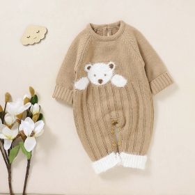 Baby Bear Jacquard Design Long Sleeve Cute Knitted Jumpsuits (Color: Khaki, Size/Age: 66 (3-6M))