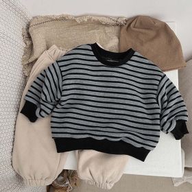 Baby Striped Pattern Long Sleeve Loose Crewneck Pullover Hoodies (Color: Blue, Size/Age: 110 (3-5Y))