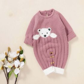 Baby Bear Jacquard Design Long Sleeve Cute Knitted Jumpsuits (Color: Pink, Size/Age: 90 (12-24M))