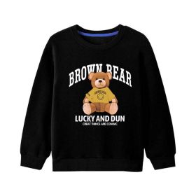 Baby Bear And Letter Print Pattern Pullover Cotton Long Sleeve Hoodies (Color: Black, Size/Age: 130 (7-8Y))