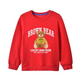 Baby Bear And Letter Print Pattern Pullover Cotton Long Sleeve Hoodies (Color: Red, Size/Age: 110 (3-5Y))