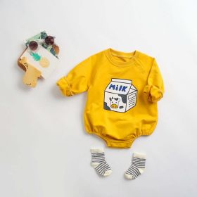Newborn Baby Cartoon Graphic Shoulder Buckle Design Soft Onesies Bodysuit (Color: Yellow, Size/Age: 90 (12-24M))