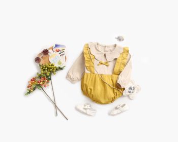 Baby Girl False 1 Pieces Design Petal Collar Design Bow Patched Bodysuit Onesies (Color: Yellow, Size/Age: 90 (12-24M))