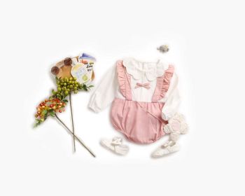 Baby Girl False 1 Pieces Design Petal Collar Design Bow Patched Bodysuit Onesies (Color: Pink, Size/Age: 66 (3-6M))