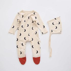 Baby Printed Graphic Side Button Design Long Sleeved Jumpsuit Romper Pajamas With Hat (Color: Apricot, Size/Age: 90 (12-24M))