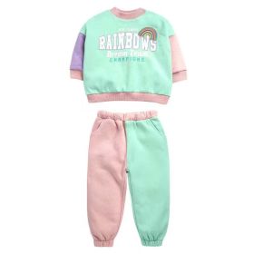 Baby Girl Rainbow Pattern Contrast Design Pullover Hoodie Combo Pants Sets (Color: Pink, Size/Age: 140 (8-10Y))