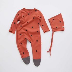 Baby Printed Graphic Side Button Design Long Sleeved Jumpsuit Romper Pajamas With Hat (Color: Red, Size/Age: 66 (3-6M))