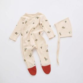 Baby Printed Graphic Side Button Design Long Sleeved Jumpsuit Romper Pajamas With Hat (Color: Yellow, Size/Age: 90 (12-24M))