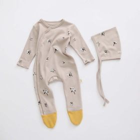 Baby Printed Graphic Side Button Design Long Sleeved Jumpsuit Romper Pajamas With Hat (Color: Coffee, Size/Age: 66 (3-6M))