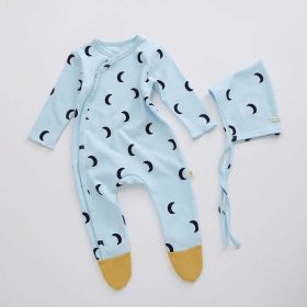 Baby Printed Graphic Side Button Design Long Sleeved Jumpsuit Romper Pajamas With Hat (Color: Blue, Size/Age: 80 (9-12M))