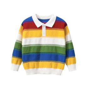 Baby Boy Colorful Striped Pattern Polo Neck Pullover Knitwear (Color: Yellow, Size/Age: 130 (7-8Y))