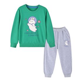 Baby Girl Cute Bunny Graphic Hoodie Combo Loose Trousers Soft Cotton Sets (Color: Light Green, Size/Age: 130 (7-8Y))