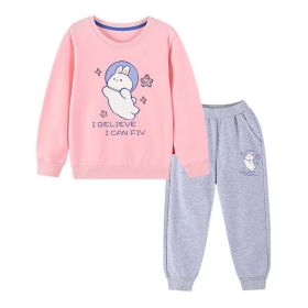 Baby Girl Cute Bunny Graphic Hoodie Combo Loose Trousers Soft Cotton Sets (Color: Light Pink, Size/Age: 130 (7-8Y))