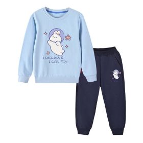 Baby Girl Cute Bunny Graphic Hoodie Combo Loose Trousers Soft Cotton Sets (Color: Light Blue, Size/Age: 130 (7-8Y))