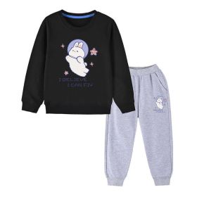Baby Girl Cute Bunny Graphic Hoodie Combo Loose Trousers Soft Cotton Sets (Color: Black, Size/Age: 90 (12-24M))