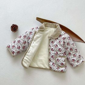 Baby Floral Print Pattern Quilted Warm Padded Jacket In Winter (Color: Apricot, Size/Age: 100 (2-3Y))